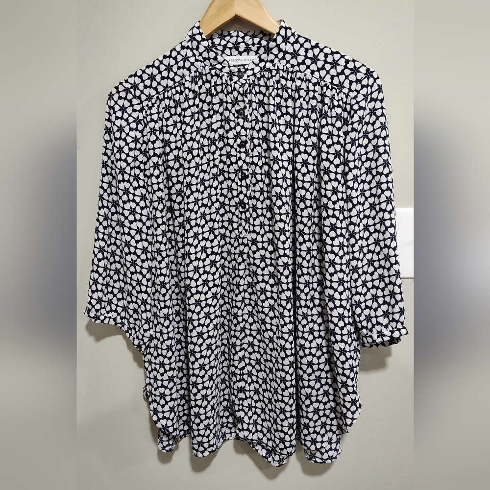 Rebecca Minkoff Women's 3/4 Sleeve Geometric Navy And White Blouse Shirt Size M